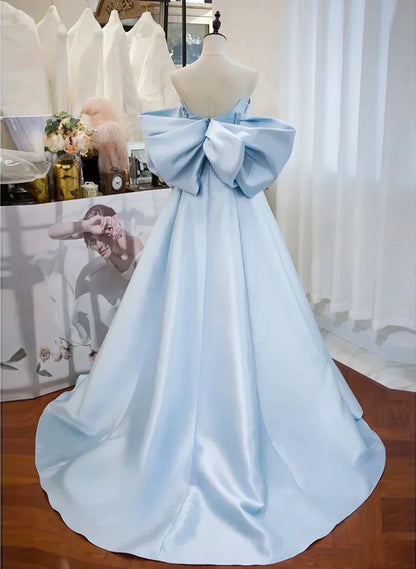 Solvbao Blue Satin Off Shoulder Long Formal Dress, Blue Long Evening Dress Prom Dress