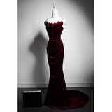 Solvbao Wine Red Velvet Mermaid Long Straps Evening Dress, Wine Red Velvet Party Dress