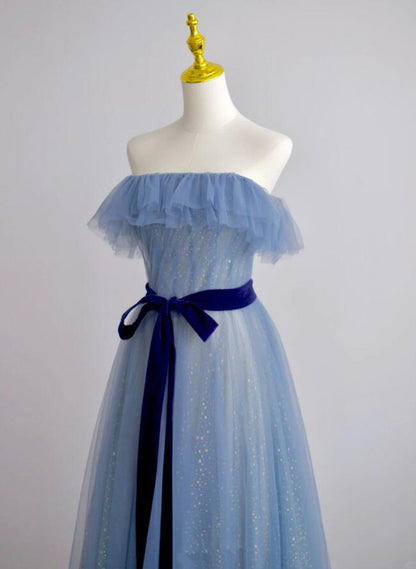 Solvbao A-line Blue Tulle Scoop Long Formal Dress with Belt, Blue Long Evening Dress Prom Dress