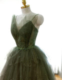 Solvbao Green Tulle Beaded Layers Long Straps Prom Dress, Green Tulle Evening Dress