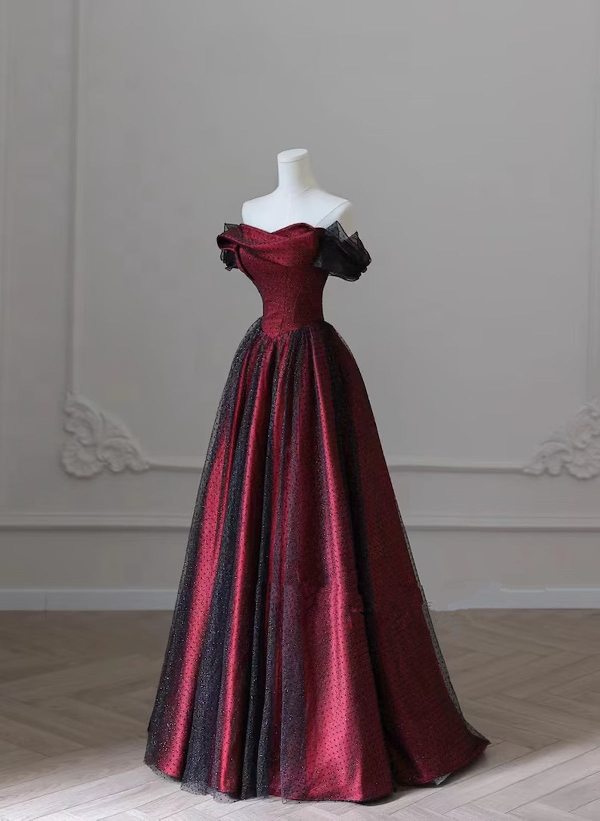 solvbao Black and Red Long Party Dress, Off Shoulder Tulle A-line Prom Dress