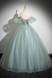 Solvbao Green Tulle Long Prom Dress with Lace Applique, A-Line Off Shoulder Evening Dress