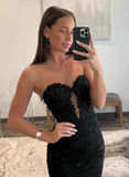 solvbao Black Lace Mermaid Sweetheart Long Party Dress, Black Lace Prom Dress