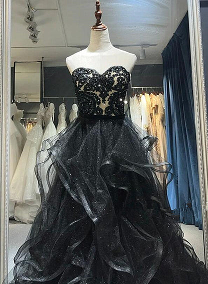 Solvbao Black Sweetheart Tulle Layers Long Formal Dress, Black Tulle Prom Dress