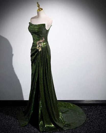 Solvbao Green Sequins Mermaid Long Prom Dress with Leg Slit, Green Sequins Party Dress