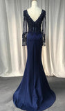 Solvbao Navy Blue Mermaid Spandex Long Sleeves Prom Dress, Navy Blue Evening Dress