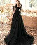 solvbao Black A-line Off Shoulder Tulle Beaded Prom Dress, Black Long Evening Dress