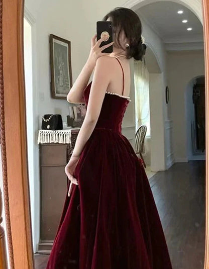 Solvbao A-line Straps Wine Red Velvet Long Formal Dress, Wine Red Prom Dress