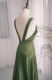 solvbao A-line Green Satin V-neckline Low Back Prom Dress, Green Evening Dress