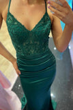 solvbao Chic Green Mermaid Straps V-neckline Satin Long Prom Dress, Green Evening Dress