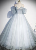 solvbao Light Blue Tulle Sweetheart Long Evening Dress, Light Blue Prom Dress