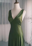 solvbao A-line Green Satin V-neckline Low Back Prom Dress, Green Evening Dress