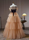 Solvbao Black and Champagne Sweetheart Layers Tulle Long Party Dress, A-line Evening Dress