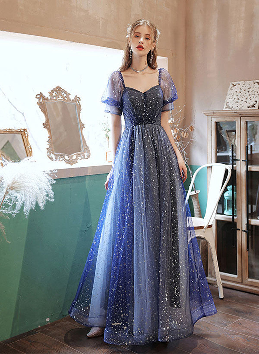 Solvbao Blue A-line Tulle Prom Dress Party Dress, Short Sleeves Long Formal Dress