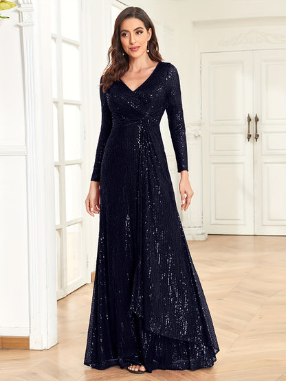 solvbaoSequins V Neck Evening Dress, Elegant Long Sleeve Waist Guest Prom Cocktail Floor Length Dress, Women's Clothing