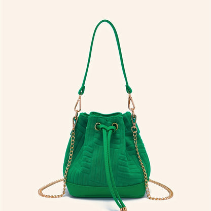 Mini Drawstring Metal Chain Crossbody Bucket Bag, Dacron Textured Bag Purse, Classic Versatile Fashion Shoulder Bag