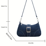 solvbao  Y2K Denim Crossbody Handbag, Chain Decor Shoulder Bag, Buckle Decor Stitch Chain Baguette Bag