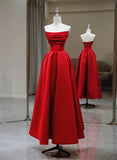 solvbao Red Satin A-line Long Evening Dress Prom Dress, Red Satin Wedding Party Dress