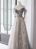 solvbao A-line Grey Off Shoulder Sweetheart Tulle Prom Dress, Grey Long Evvening Dress