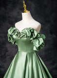 solvbao A-line Green Satin Off Shoulder Long Party Dress, Green Satin Prom Dress