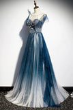 solvbao Blue A-line Round Neckline Beaded Prom Dress, Blue Round Neckline Party Dress