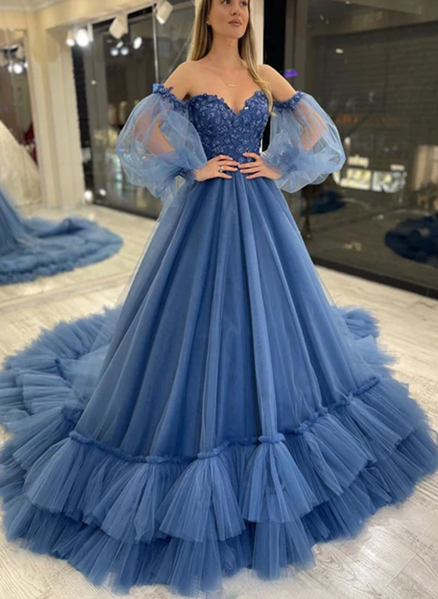 Solvbao Blue Puffy Sleeves Sweetheart Tulle with Lace Party Dress, Blue Long Formal Dress