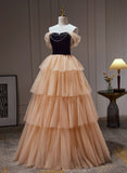 Solvbao Black and Champagne Sweetheart Layers Tulle Long Party Dress, A-line Evening Dress