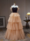 Solvbao Black and Champagne Sweetheart Layers Tulle Long Party Dress, A-line Evening Dress