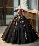 Solvbao Black Off Shoulder Sweet 16 Dresses with Flowers, Black Ball Gown Formal Dress