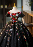 Solvbao Black Off Shoulder Sweet 16 Dresses with Flowers, Black Ball Gown Formal Dress