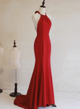 Solvbao Red Mermaid Halter Long Evening Dress, Red Backless Formal Dress Prom Dress