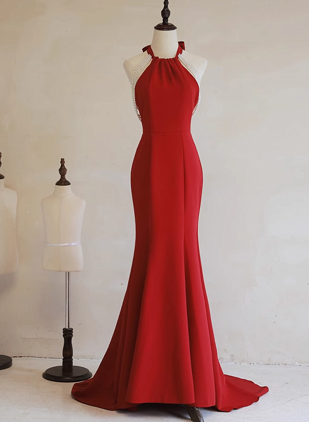 Solvbao Red Mermaid Halter Long Evening Dress, Red Backless Formal Dress Prom Dress