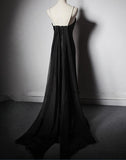 Solvbao Black Soft Satin A-line Floor Length Prom Dress, Black Straps Long Evening Dress