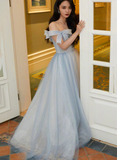 Solvbao Light Blue Sweetheart Pearls Off Shoulder Long Party Dress, A-line Blue Formal Dress