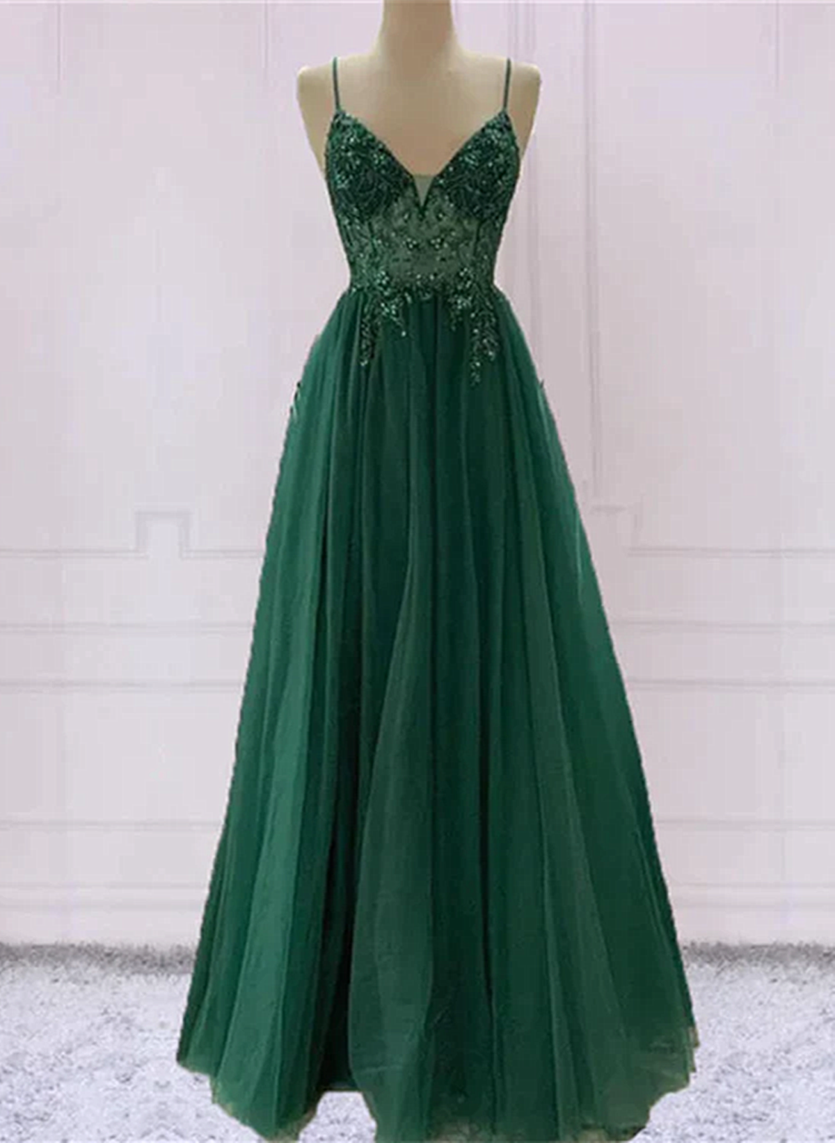 Solvbao Green V-neckline Beaded Tulle Floor Length Party Dress, A-line Green Prom Dress