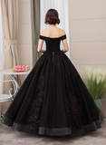 Solvbao Black Sweetheart Tulle Ball Gown Off Shoulder Party Dress, Black Sweet 16 Dress