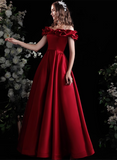 Solvbao Wine Red Satin Simple Off Shoulder Party Dress, Wine Red Long Prom Dress Evening Dress