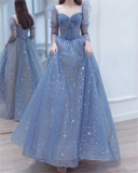 Solvbao Blue Beaded Long Sleeves A-line Tulle Prom Dress, Blue Floor Length Party Dress