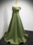 Solvbao Green Scoop Off Shoulder Satin Lace-up Prom Dress, A-line Green Evening Dress