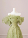 Solvbao Light Green Off Shoulder Tulle Long Party Dress, A-line Green Prom Dress Formal Dress