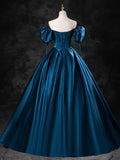 Solvbao Blue Satin Short Sleeves Sweetheart Long Party Dress, Blue A-line Prom Dress Evening Dress