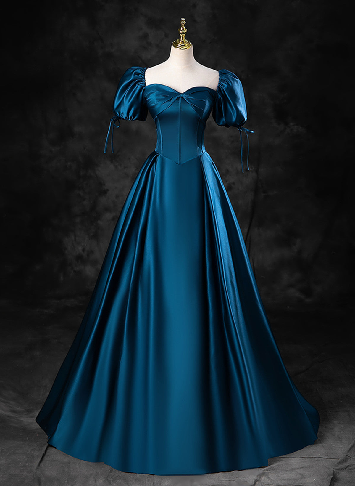 Solvbao Blue Satin Short Sleeves Sweetheart Long Party Dress, Blue A-line Prom Dress Evening Dress