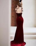 Solvbao Wine Red Velvet V-neckline Mermaid Long Evening Dress, Wine Red Velvet Prom Dress