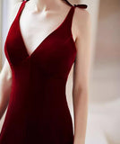 Solvbao Wine Red Velvet V-neckline Mermaid Long Evening Dress, Wine Red Velvet Prom Dress