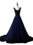 Solvbao Black and Blue Lace Applique V-neclline Tulle Party Dress, A-line Tulle Long Prom Dress