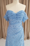 Solvbao Blue Sequins Off Shoulder Sweep Train Party Dress, Blue Sweetheart Long Formal Dress