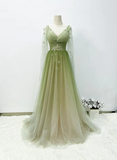 Solvbao A-line Green Gradient Tulle Long Sleeves Party Dress, V-neckline Green Formal Dress Prom Dress