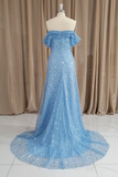 Solvbao Blue Sequins Off Shoulder Sweep Train Party Dress, Blue Sweetheart Long Formal Dress