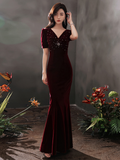 Solvbao Wine Red Velvet Beaded Short Sleeves Long Party Dress, Wine Red Mermaid Prom Dress