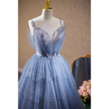 Solvbao Blue Straps Beaded V-neckline Party Dress, Blue Tulle Formal Dress Evening Dress